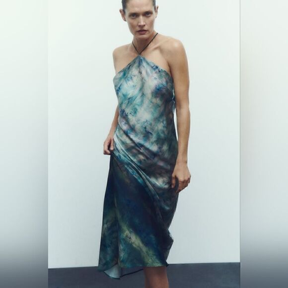 ZARA TIE-DYE PRINT HALTER SLIP DRESS - Picture 10 of 16